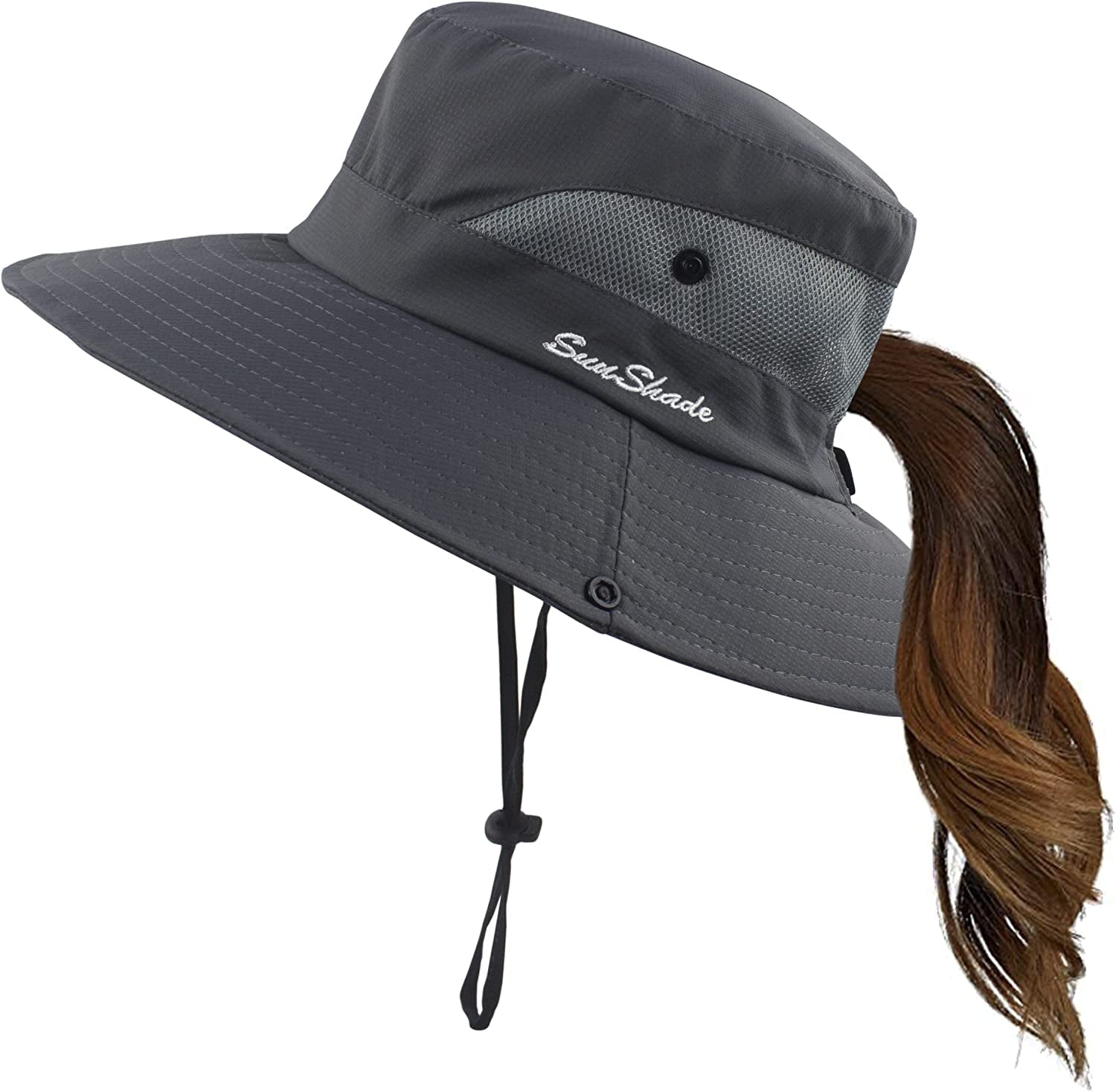 Mukeyo Womens Summer Sun Hat Wide Brim Outdoor UV Protection Hat Foldable Ponytail Bucket Cap for Beach Fishing Hiking Apparel & Accessories > Clothing Accessories > Hats Mukeyo Grey  