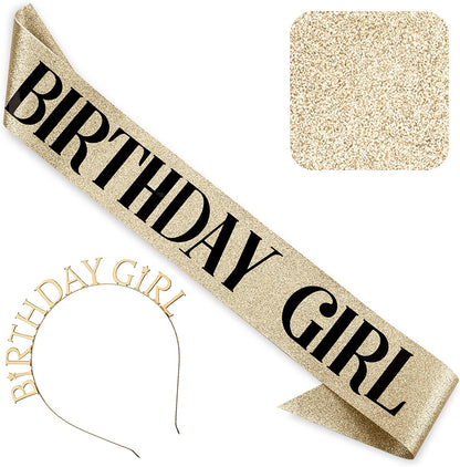 CORRURE 'Birthday Girl' Sash and Headband Tiara - White Glitter with Rose Gold Foil Happy Birthday Sash and Tiara for Women - Party Favors Supplies and Decorations for 18Th 21St 30Th 40Th Bday Party Apparel & Accessories > Clothing Accessories > Sashes Pego Brands General Gold - Black  
