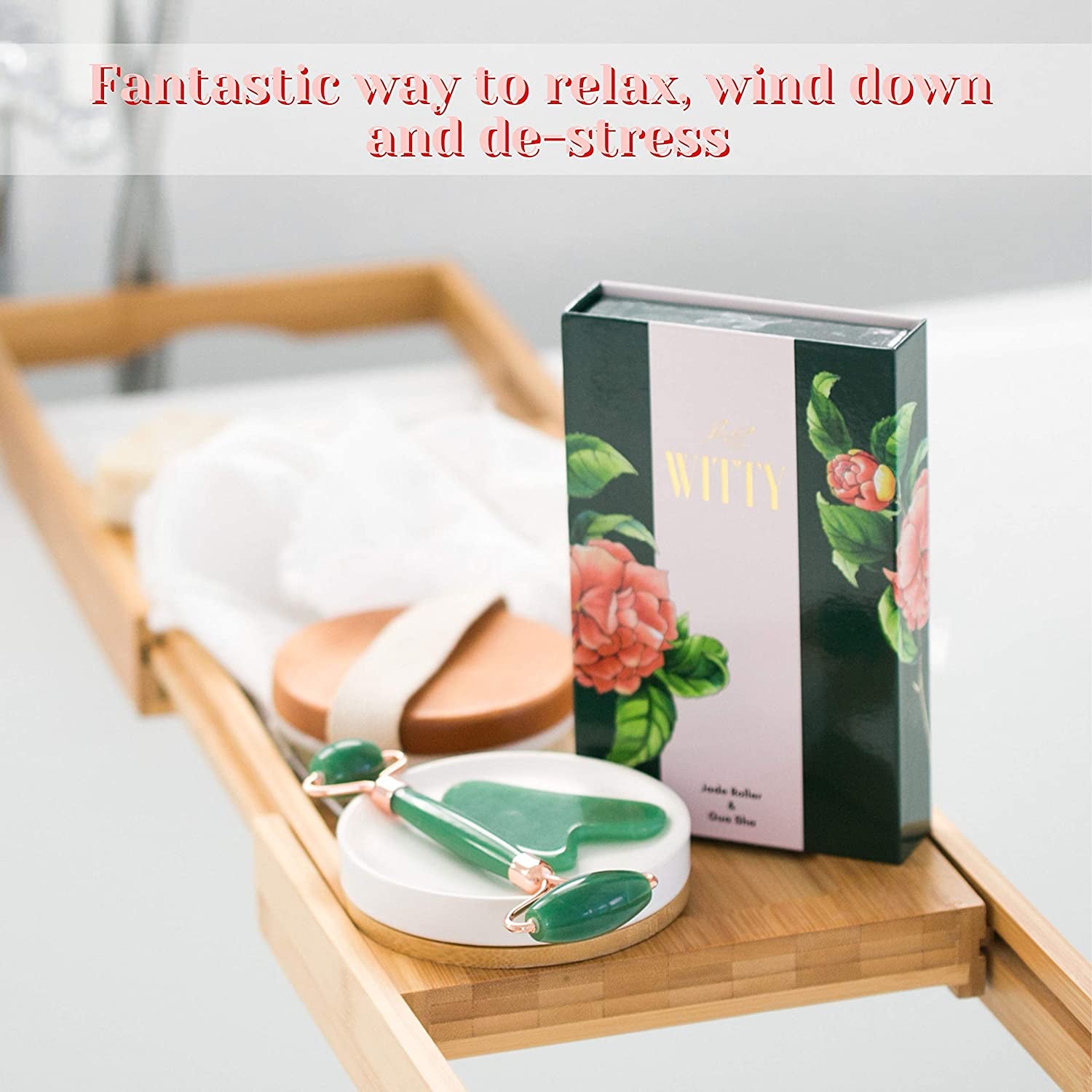 WITTY Jade Face Roller and Gua Sha Set in Hand-Drawn Giftbox - Gua Sha Stone, Face Massager Roller, Beauty Massage Face Scraper Tools - Guasha Tool for Face Roller Skin Care, Eyes, Neck - Extra Pouch Health & Beauty > Personal Care > Cosmetics > Cosmetic Tools > Skin Care Tools WITTY   