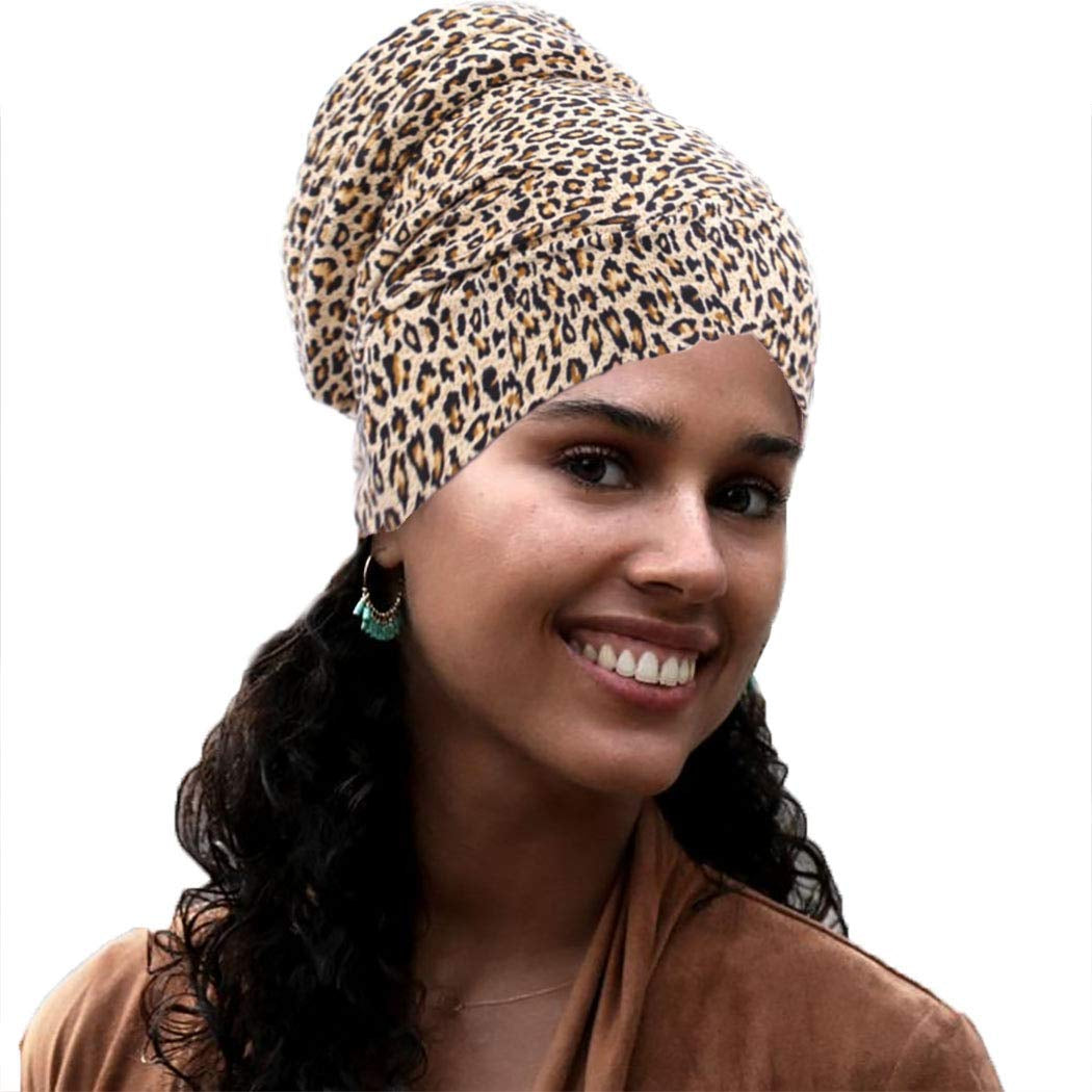 Woeoe African Turban Head Wrap Leopard Print Soft Head Scarf Stretch Head Cover Beanie Cap Headwear for Women and Girls Apparel & Accessories > Clothing Accessories > Headwear Woeoe   
