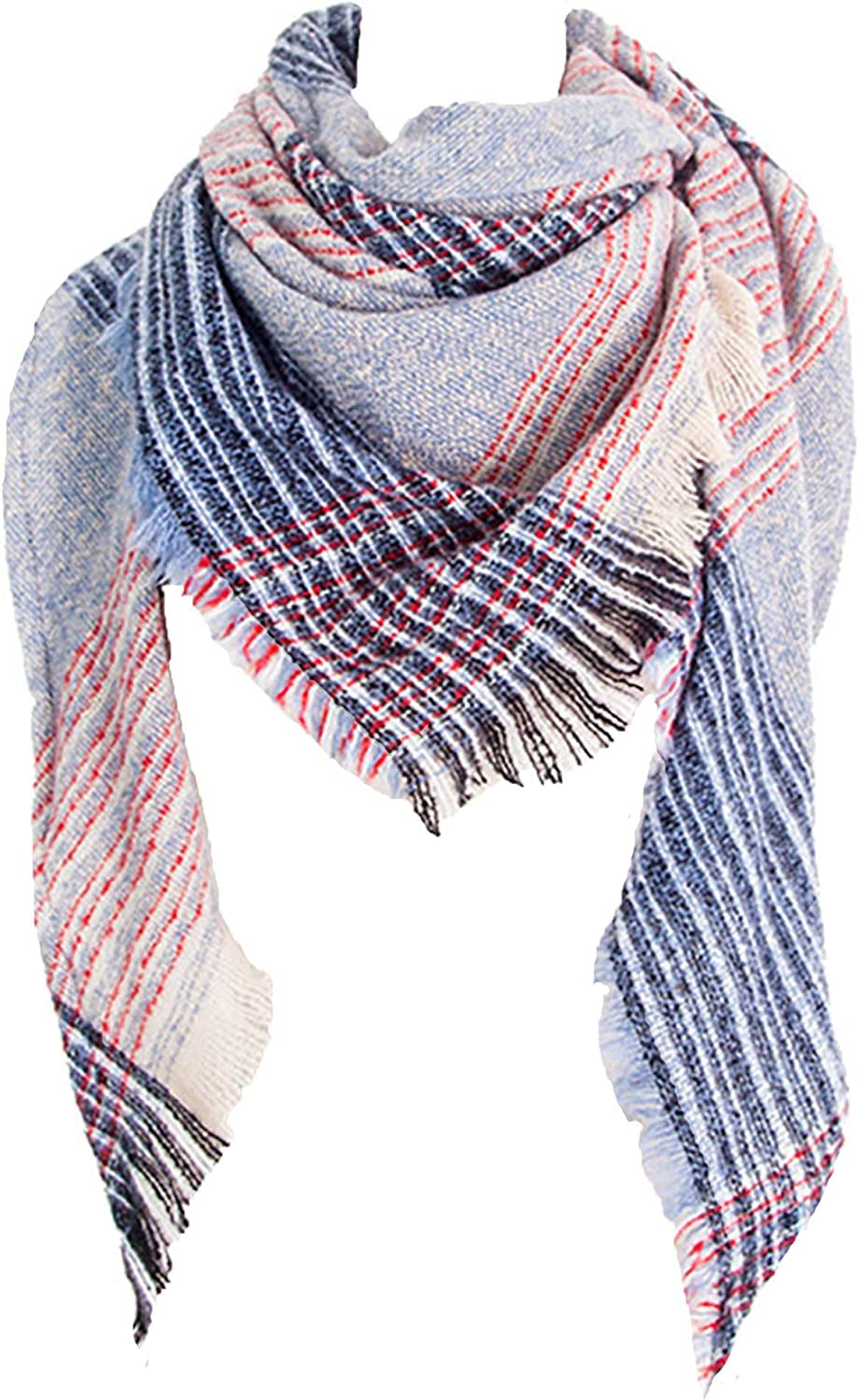 Wander Agio Womens Warm Scarf Triangle Shawls Winter Scarves Stripe Plaid Fichu Rough Surface Apparel & Accessories > Clothing Accessories > Scarves & Shawls Wander Agio Big Plaid Blue 25  