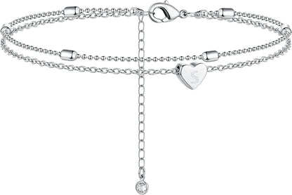 Moodear Silver Ankle Bracelets for Women, Sterling Silver Initial Anklet Layered Dainty Tiny Heart Charm Handmade Carved Alphabet A-Z Letter Ankle Bracelet Beaded Foot Chain Personalized Name Anklets Summer Cute Boho Beach Gift for Her Apparel & Accessories > Jewelry > Anklets Moodear Sterling Silver-S  