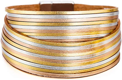 Fesciory Leather Wrap Bracelet for Women, Leopard Multi-Layer Magnetic Buckle Cuff Bracelet Jewelry Apparel & Accessories > Jewelry > Bracelets Fesciory B32-Gold and Silver  