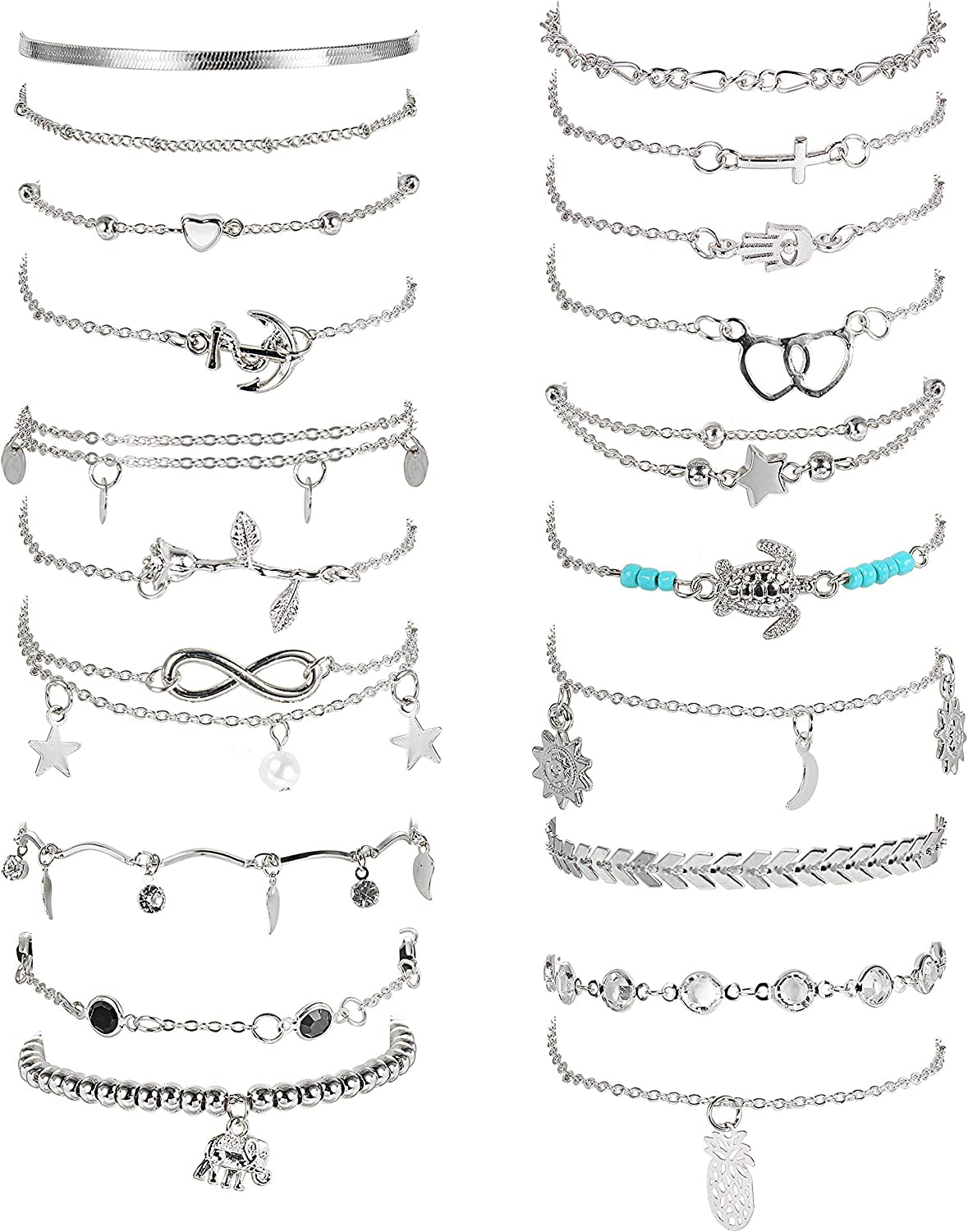 LOYALLOOK 20Pcs Ankle Bracelets for Women Adjustable Beach Anklet Set Star Heart Turtle Infinite Anklets Apparel & Accessories > Jewelry > Anklets LOYALLOOK Silver Tone  