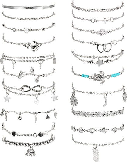 LOYALLOOK 20Pcs Ankle Bracelets for Women Adjustable Beach Anklet Set Star Heart Turtle Infinite Anklets Apparel & Accessories > Jewelry > Anklets LOYALLOOK Silver Tone  