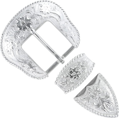 Cowboy Cowgirl Western Floral Engraved Replacement Belt Buckle Set Fits 1-1/2"(38Mm) Belt Strap Apparel & Accessories > Clothing Accessories > Belt Buckles Cowboy Craft Brighr Silver  