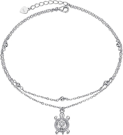 Flyow Anklet for Women S925 Sterling Silver Adjustable Foot Beaded Heart Charm Ankle Bracelet Anklets Jewelry Apparel & Accessories > Jewelry > Anklets FLYOW sea turtle  