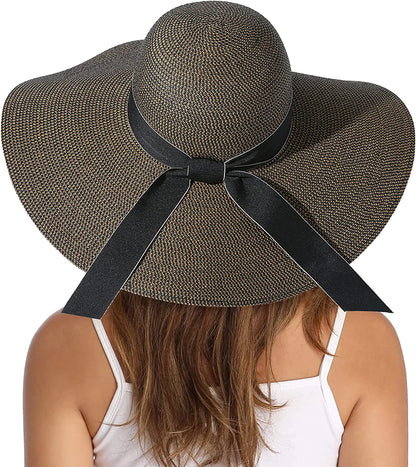 Lanzom Womens Wide Brim Straw Hat Big Floppy Foldable Roll up Cap Beach Sun Hat UPF 50+ Apparel & Accessories > Clothing Accessories > Hats Lanzom Bowknot-coffee One Size 