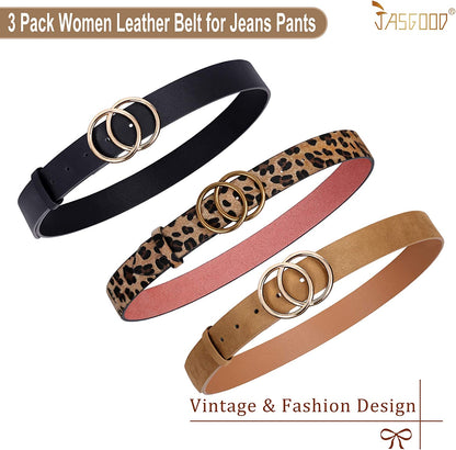 JASGOOD 3 Pack Women Leather Belt for Jeans Pants, Ladies Waist Belts with Double O-Ring Buckle Apparel & Accessories > Clothing Accessories > Belts KYLIE MAX   