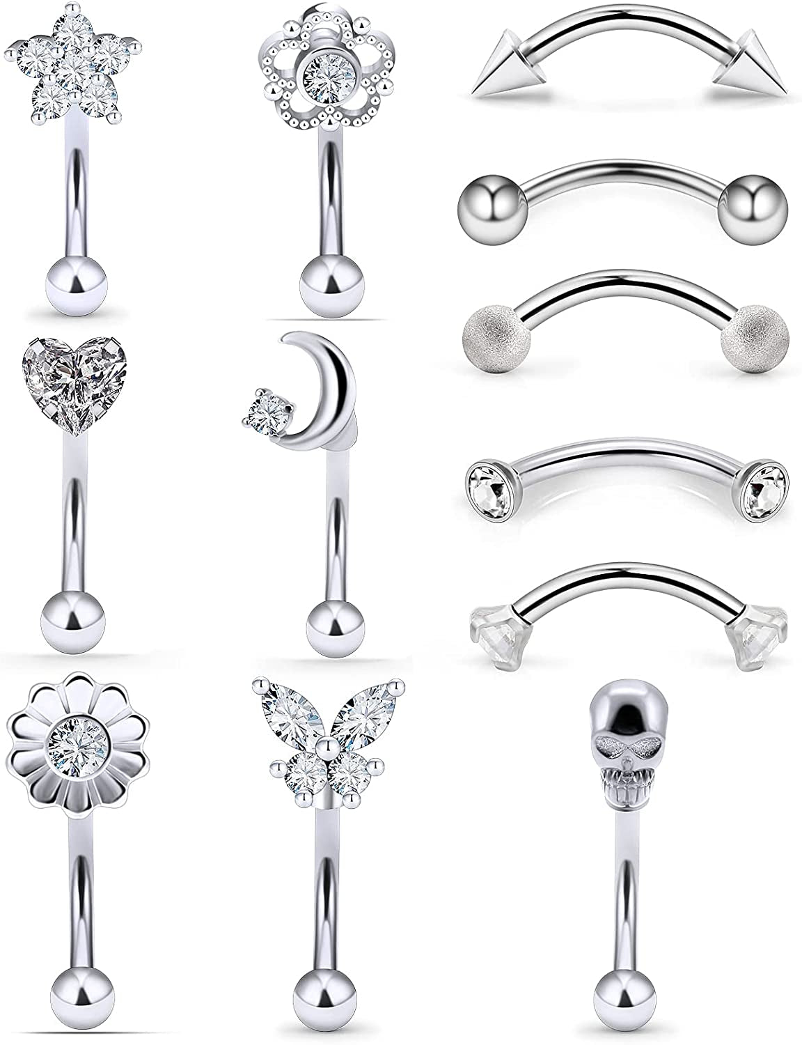 Oufksiyy 16G Rook Piercing Jewerlry Surgical Steel Eyebrow Piercing Jewelry Flower Crystal Heart CZ Moon Shape Eyebrow Rings Snake Eyes Rook Earrings for Women Men Tongue Retainer，Silver Barbell Apparel & Accessories > Jewelry > Body Jewelry Oufksiyy 16G Silver white Rook Piercing Jewelry  