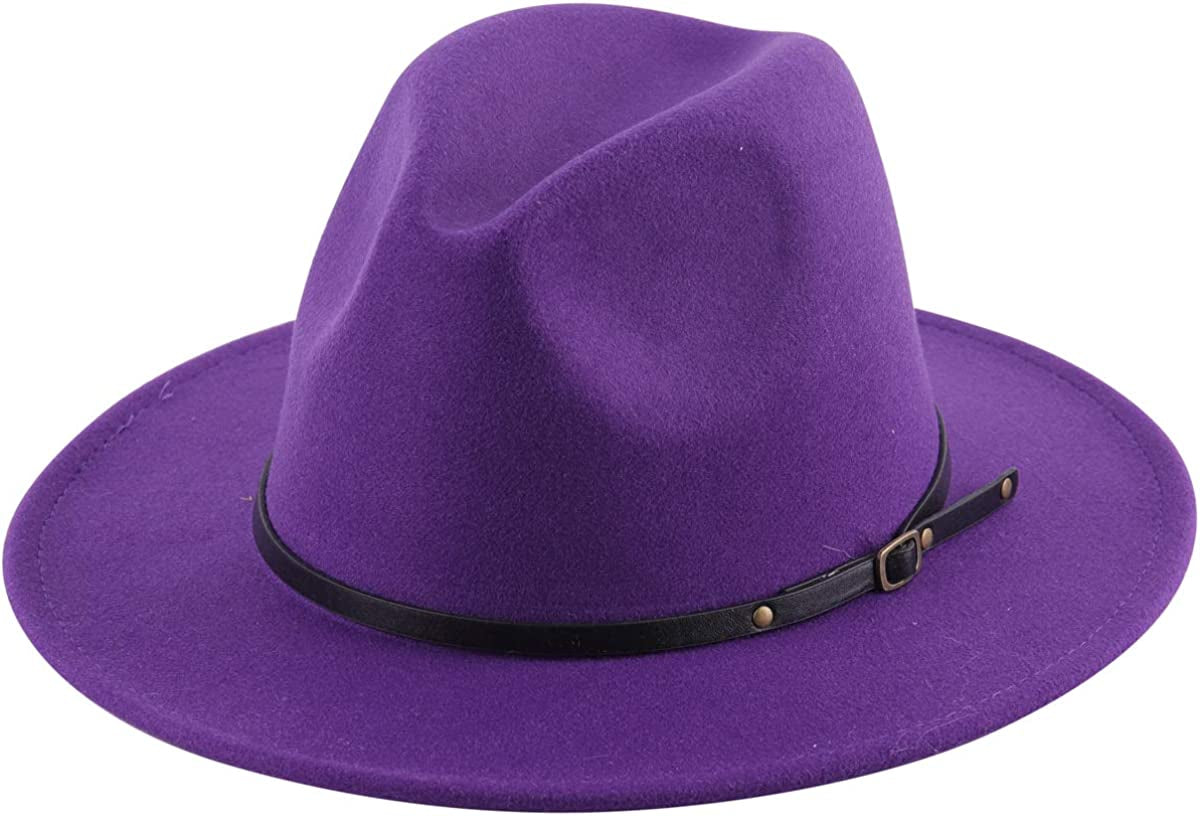 Lanzom Womens Classic Wide Brim Floppy Panama Hat Belt Buckle Wool Fedora Hat Apparel & Accessories > Clothing Accessories > Hats Lanzom Purple One Size 