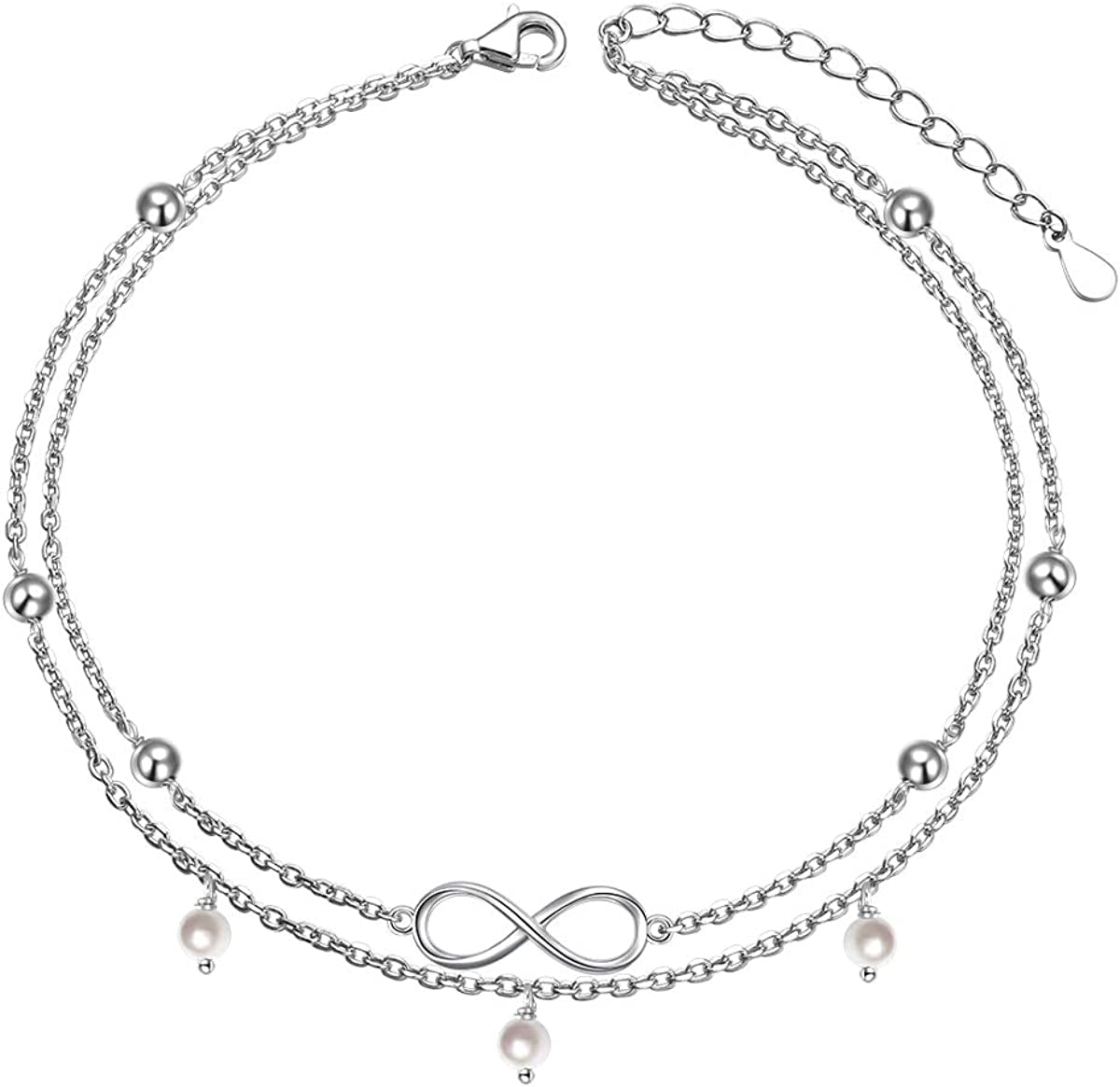 Flyow Anklet for Women S925 Sterling Silver Adjustable Foot Beaded Heart Charm Ankle Bracelet Anklets Jewelry Apparel & Accessories > Jewelry > Anklets FLYOW Infinityand pearl  