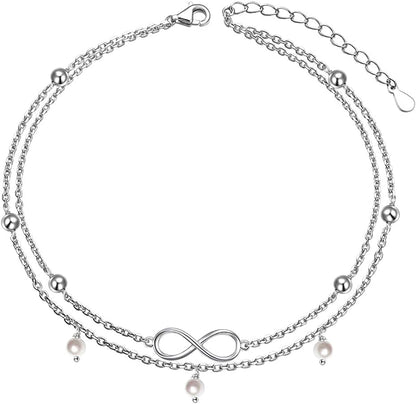 Flyow Anklet for Women S925 Sterling Silver Adjustable Foot Beaded Heart Charm Ankle Bracelet Anklets Jewelry Apparel & Accessories > Jewelry > Anklets FLYOW Infinityand pearl  