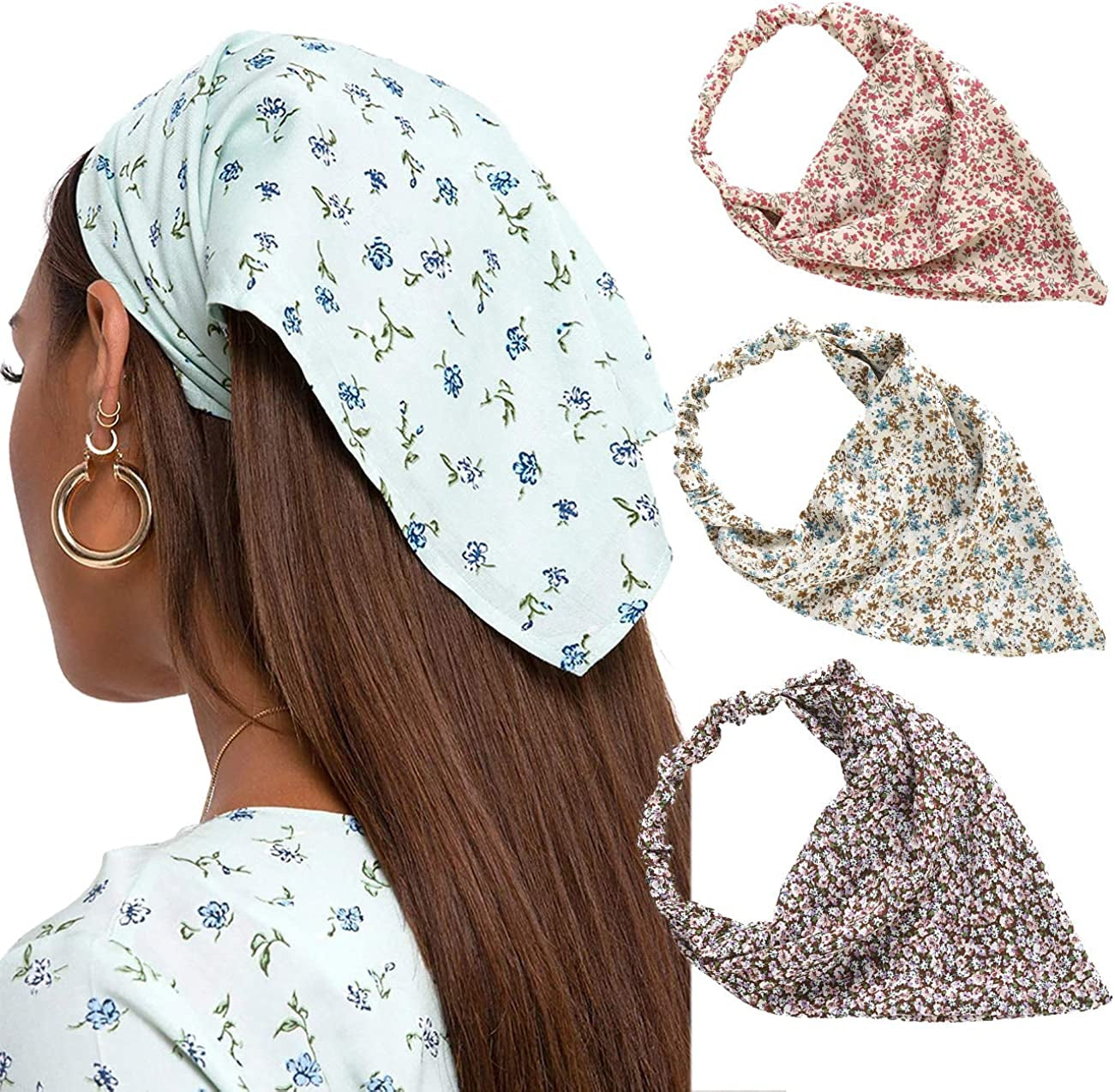 Floral Elastic Hair Scarf Headband - 3 PCS Chiffon Head Kerchief Headband Floral Hair Scarves with Hair Clips Hair Bandanas Apparel & Accessories > Clothing Accessories > Bandanas & Headties AWAYTR Pink/Beige/Red  