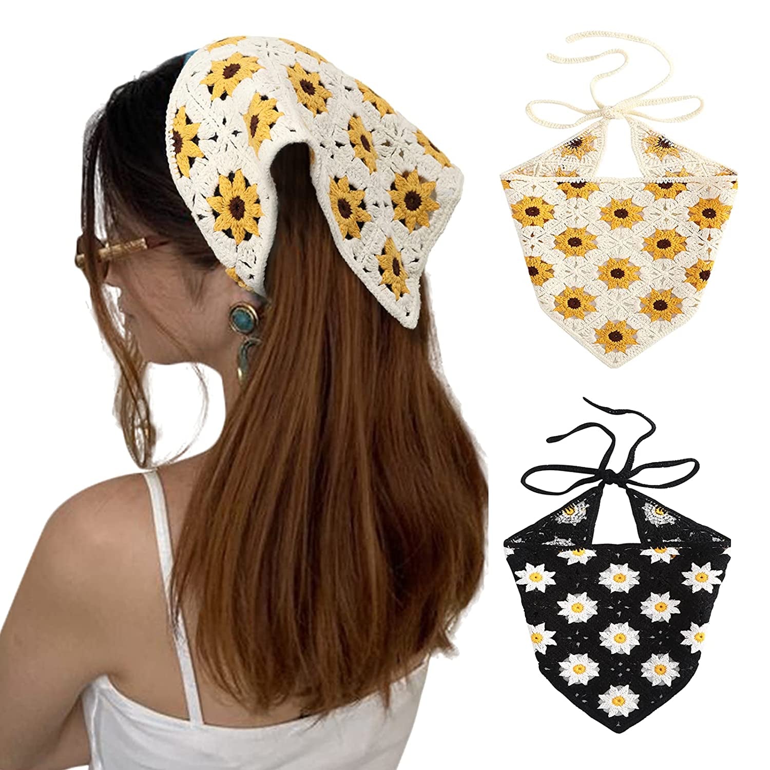 Crochet Bandana Head Kerchief Hair Scarf 2Pcs Knitted Hair Scarves Crochet Hair Kerchief Tie Bcak Headwrap Floral Hair Bandanas for Women Girls Scarf (Daisy(Purple+Green)) Apparel & Accessories > Clothing Accessories > Bandanas & Headties AWAYTR Daisy(black+beige)  