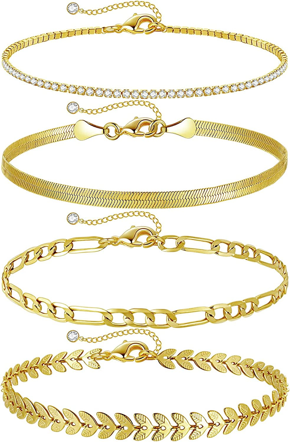 HAXIYA Ankle Bracelets for Women, 14K Gold Plated Adjust Beach Anklet, Cuban Link Chain, Beaded Anklet, Diamond Anklet, Figaro Chain, Water Proof for Summer Apparel & Accessories > Jewelry > Anklets HAXIYA Fishbone-4  