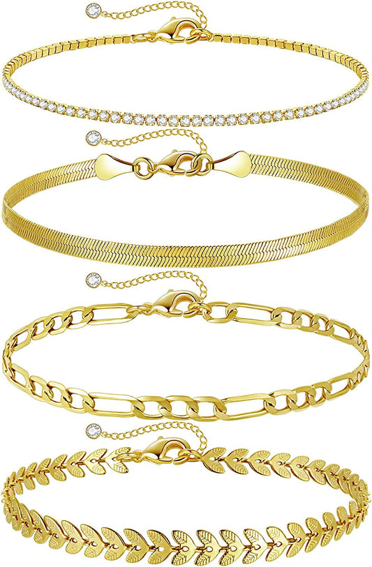 HAXIYA Ankle Bracelets for Women, 14K Gold Plated Adjust Beach Anklet, Cuban Link Chain, Beaded Anklet, Diamond Anklet, Figaro Chain, Water Proof for Summer Apparel & Accessories > Jewelry > Anklets HAXIYA Fishbone-4  