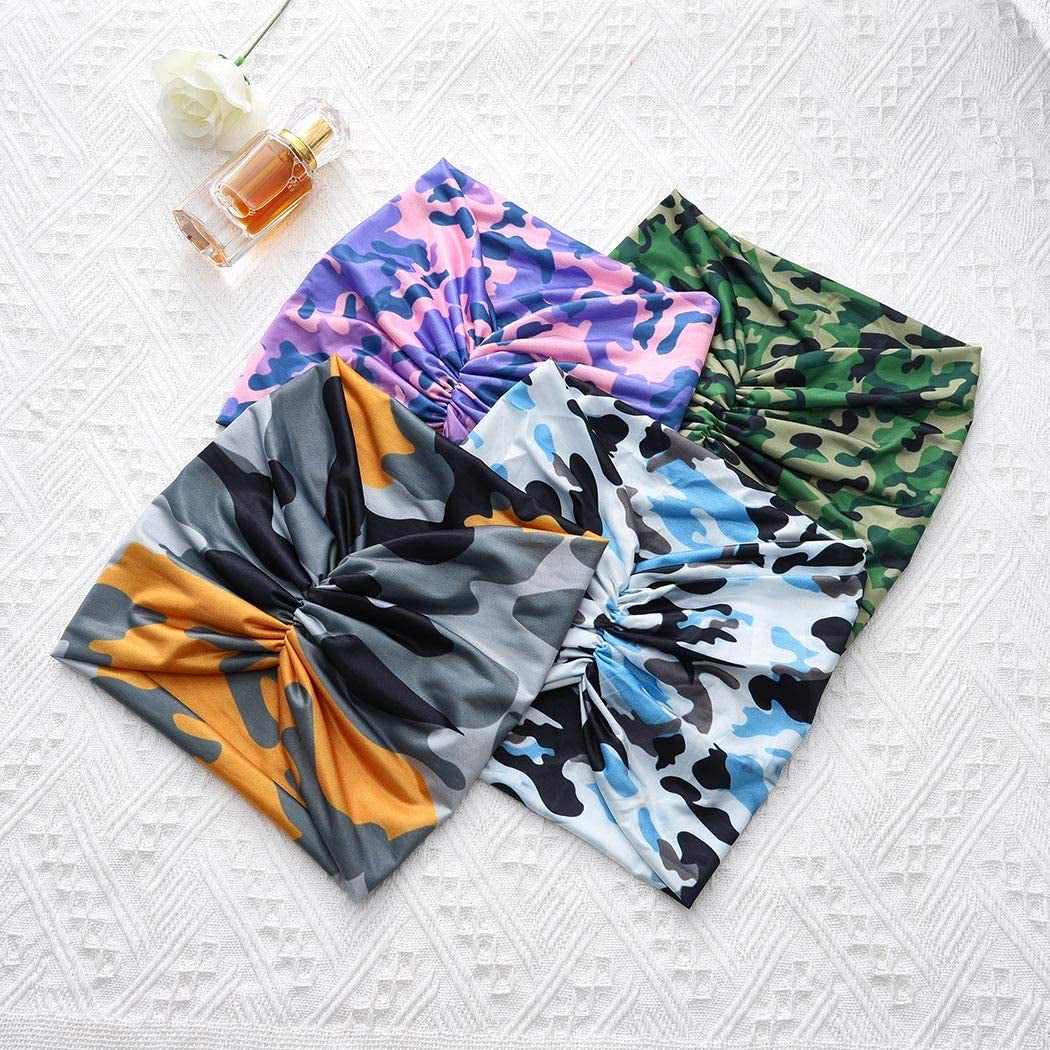 CAKURE Boho Camo Headbands Extra Wide Turban African Head Wraps Stretchy Hairbands Cloth Headband Elastic Yoga Head Scarf Fashion Head Bands for Women and Girls Pack of 4 Apparel & Accessories > Clothing Accessories > Bandanas & Headties CAKURE   