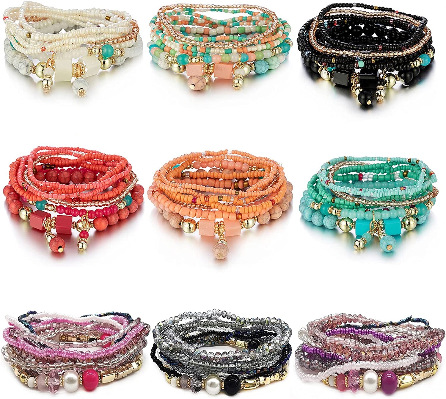 SAMOCO 9 Sets Bohemian Stackable Bead Bracelets for Women Stretch Multilayered Bracelet Set Multicolor Jewelry Apparel & Accessories > Jewelry > Bracelets SAMOCO   