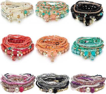 SAMOCO 9 Sets Bohemian Stackable Bead Bracelets for Women Stretch Multilayered Bracelet Set Multicolor Jewelry Apparel & Accessories > Jewelry > Bracelets SAMOCO   