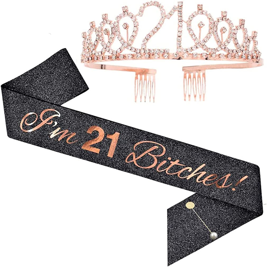 LATFZ Finally 21 Birthday Tiara and Sash - I'M 21 Bitches Satin Sash Crystal Tiara 21St Birthday Girl Crown 4 Colors Apparel & Accessories > Clothing Accessories > Sashes LATFZ I'm 21 Bitches! Black  
