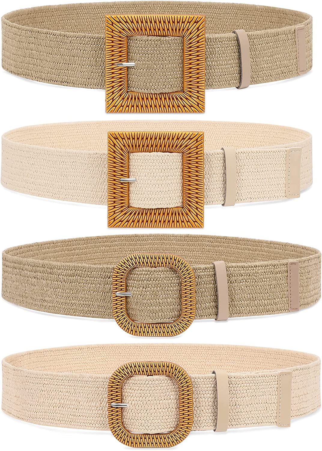 Set of 4 Straw Woven Elastic Stretch Waist Belts for Women, Fashion Boho Ladies Braided Skinny Dress Belt by WHIPPY Apparel & Accessories > Clothing Accessories > Belts WHIPPY 3-khaki/Sand/Khaki/Sand Fit Waist up to 29" 