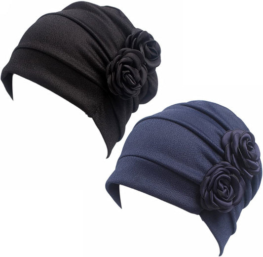 HONENNA Chemo Caps Headwear for Women Turbans Beanies Flowers Hats Headwrap for Cancer Patient Hair Loss Apparel & Accessories > Clothing Accessories > Headwear HONENNA Black+navy Blue  
