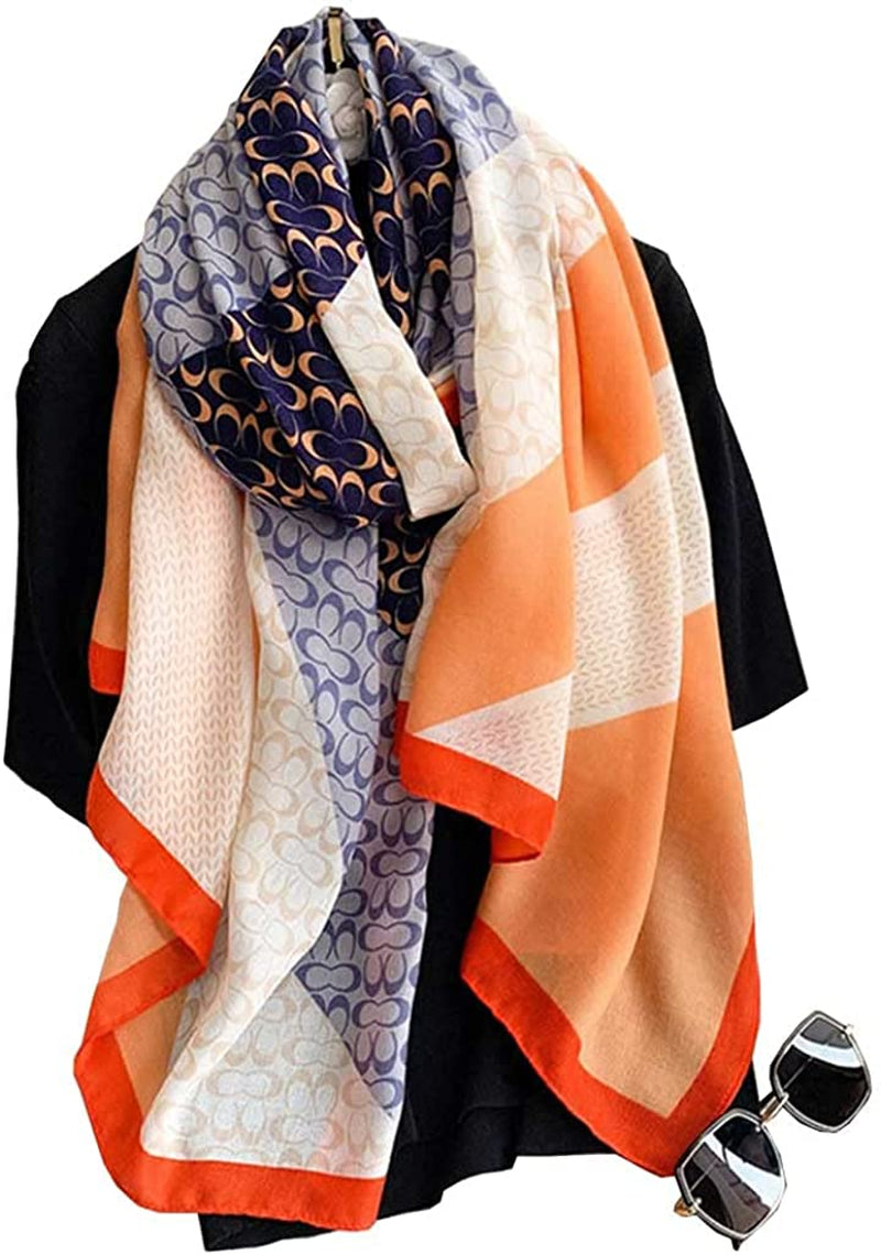 First Choose Cotton Linen Feeling Women Large Long Scarf Shawl Check Style Sunscreen Shawls Wraps Lightweight Pattern Apparel & Accessories > Clothing Accessories > Scarves & Shawls First Choose Orange-blue  