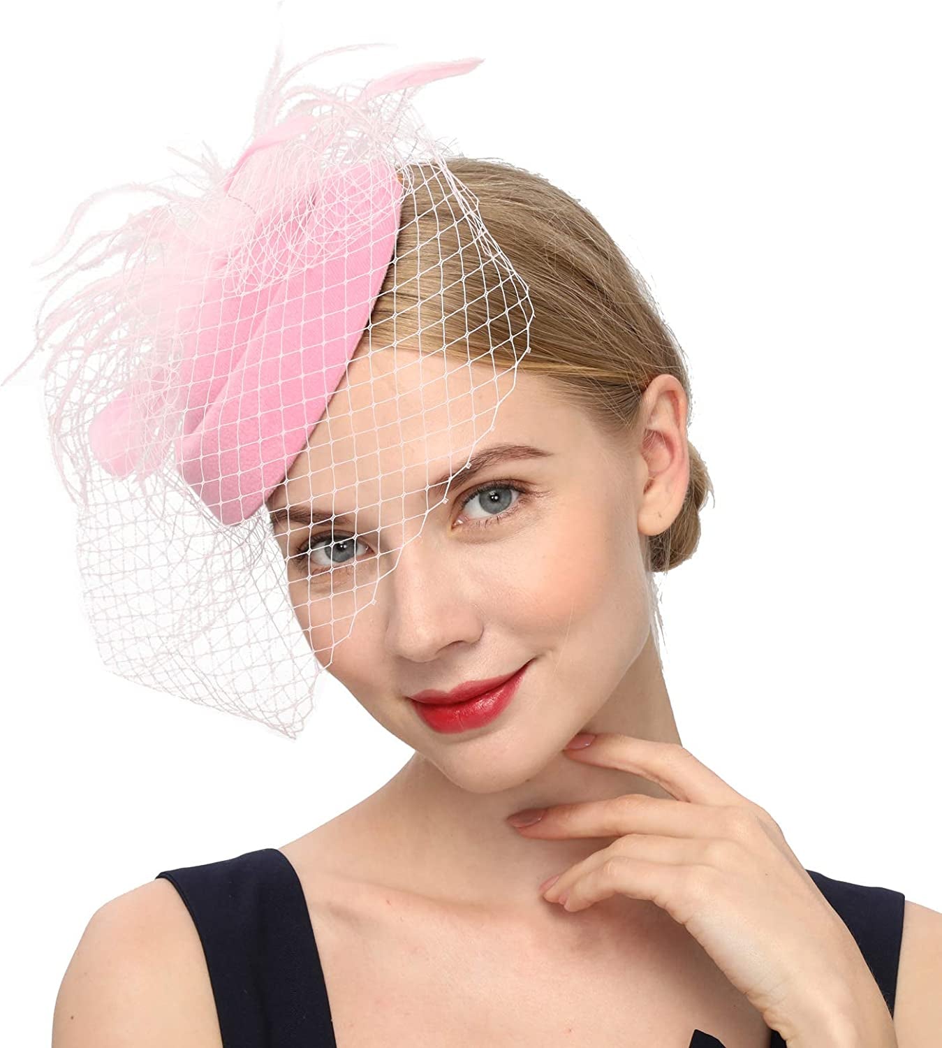 Fascinators Hats 20S 50S Hat Pillbox Hat Cocktail Tea Party Headwear with Veil for Girls and Women Apparel & Accessories > Clothing Accessories > Headwear Cizoe B-pink  
