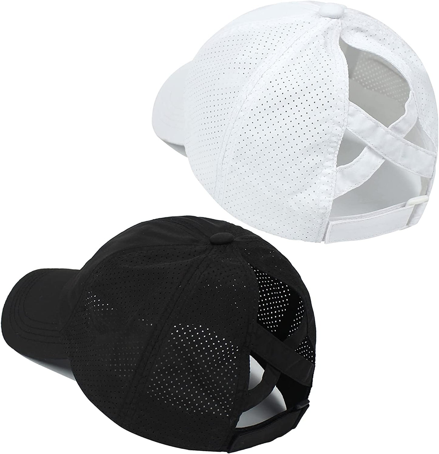 HGGE 2 Pack Womens Criss Cross Ponytail Baseball Caps Adjustable High Messy Bun Ponycap Quick Drying Hat Apparel & Accessories > Clothing Accessories > Hats HGGE Black & White  
