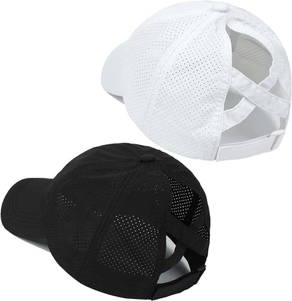 HGGE 2 Pack Womens Criss Cross Ponytail Baseball Caps Adjustable High Messy Bun Ponycap Quick Drying Hat Apparel & Accessories > Clothing Accessories > Hats HGGE Black & White  