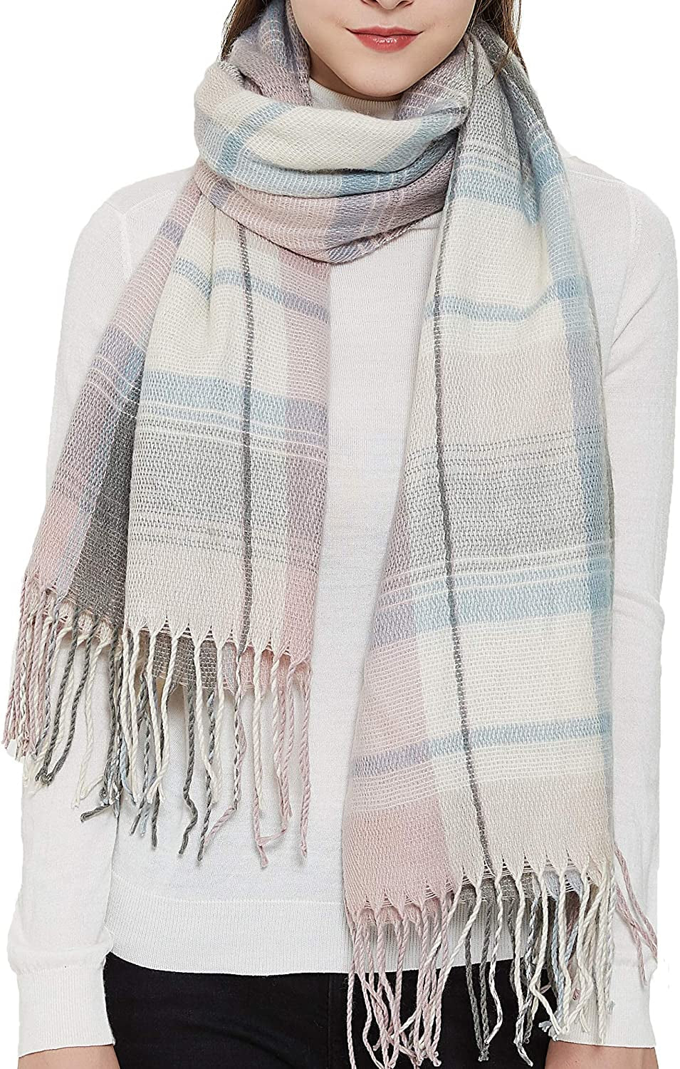 Wander Agio Women'S Fashion Long Shawl Big Grid Winter Warm Lattice Large Scarf Apparel & Accessories > Clothing Accessories > Scarves & Shawls Wander Agio Pink Grey 5  