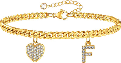 Gold Heart Ankle Bracelets for Women 14K Gold Plated Initial Charm Gold Anklets for Women Cuban Link Chain Heart Anklet Bracelets for Women Apparel & Accessories > Jewelry > Anklets BRIJEWLIC F  