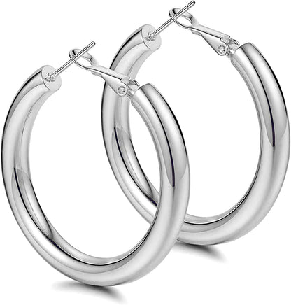 Thick Gold Hoop Earrings Lightweight Howllow Tube Hoops Chunky Gold for Women Hypoallergenic Big Earring 25Mm 30Mm 40Mm 50Mm Apparel & Accessories > Jewelry > Earrings BMMYE Silver-50mm  