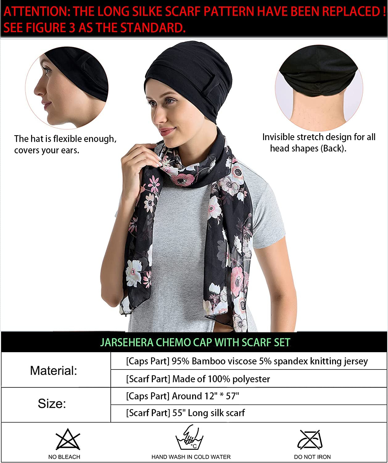 Bamboo Cotton Liner Chemo Headwear for Womenwith Silky Scarfs for Cancer Hair Loss Sleep Caps Beanie Black Apparel & Accessories > Clothing Accessories > Headwear JarseHera   