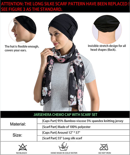 Bamboo Cotton Liner Chemo Headwear for Womenwith Silky Scarfs for Cancer Hair Loss Sleep Caps Beanie Black Apparel & Accessories > Clothing Accessories > Headwear JarseHera   