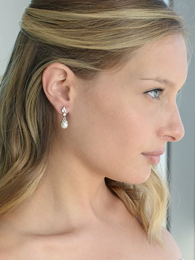 Mariell Light Ivory Pearl Drop Vintage Wedding Earrings with Platinum Plated Cubic Zirconia Marquis Apparel & Accessories > Jewelry > Earrings Mariell   