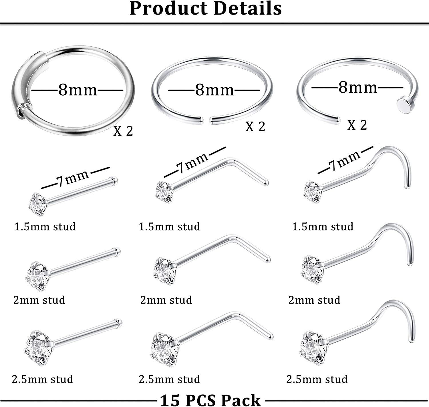 FINREZIO 15PCS 22G Surgical Steel Nose Rings Hoop Studs Cartilage Earrings Body Piercing Jewelry 1.5Mm 2Mm 2.5Mm CZ Apparel & Accessories > Jewelry > Rings FINREZIO   
