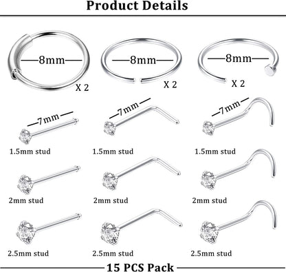 FINREZIO 15PCS 22G Surgical Steel Nose Rings Hoop Studs Cartilage Earrings Body Piercing Jewelry 1.5Mm 2Mm 2.5Mm CZ Apparel & Accessories > Jewelry > Rings FINREZIO   