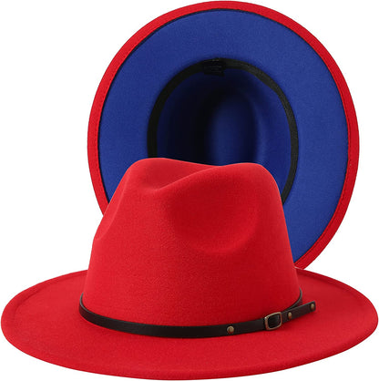 JOYEBUY Women Lady Two Tone Wide Brim Panama Hat Patchwork Colors Classic Fedora Hat with Belt Buckle Apparel & Accessories > Clothing Accessories > Hats JOYEBUY Red/Royal Blue One Size 
