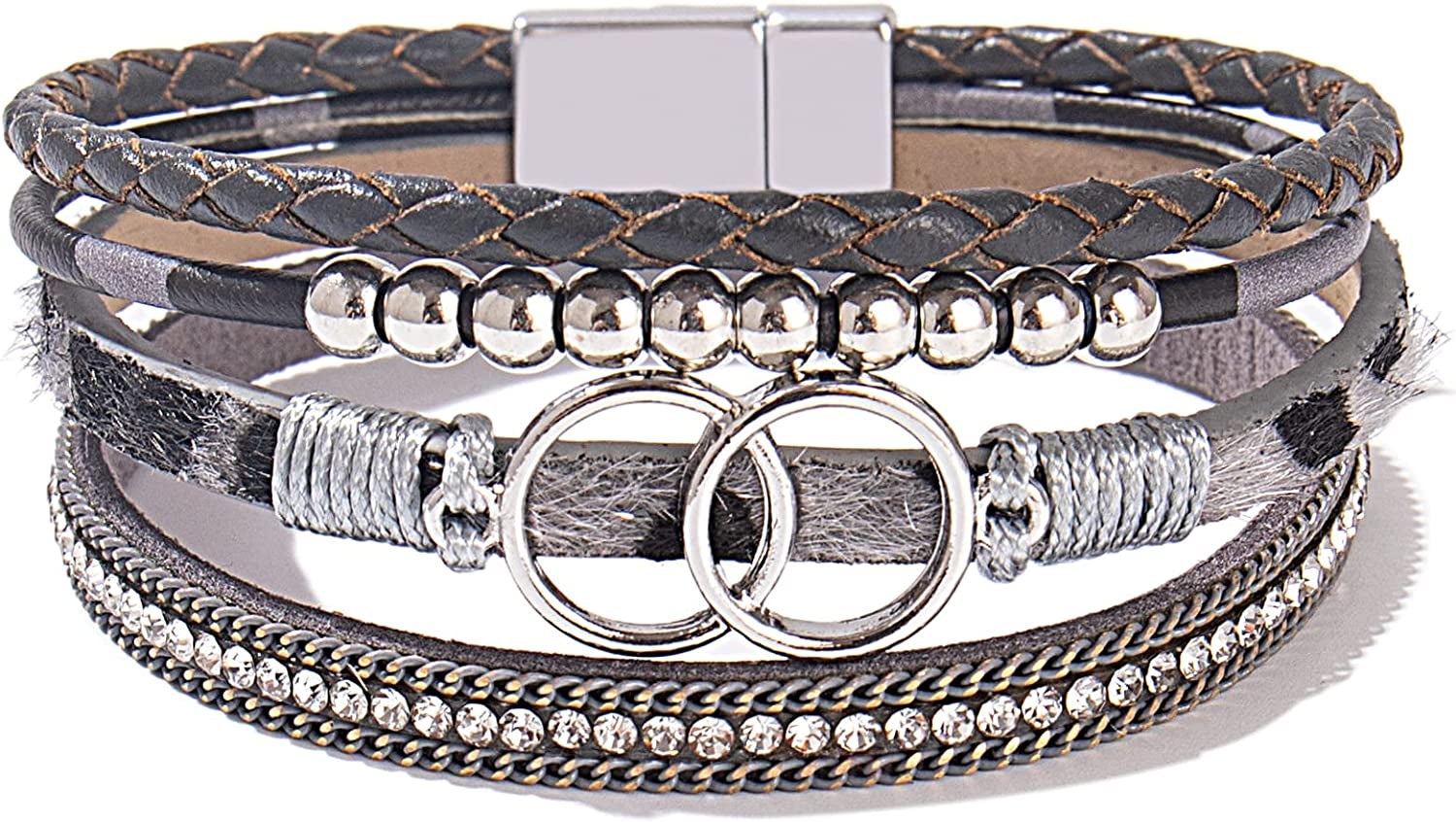 FANCY SHINY Boho Wrap Bracelets Leather Cuff Bangle Gold Beaded Bracelets for Women Stackable Infinity Bracelets Jewelry with Clasp Apparel & Accessories > Jewelry > Bracelets FANCY SHINY Grey Leopard  