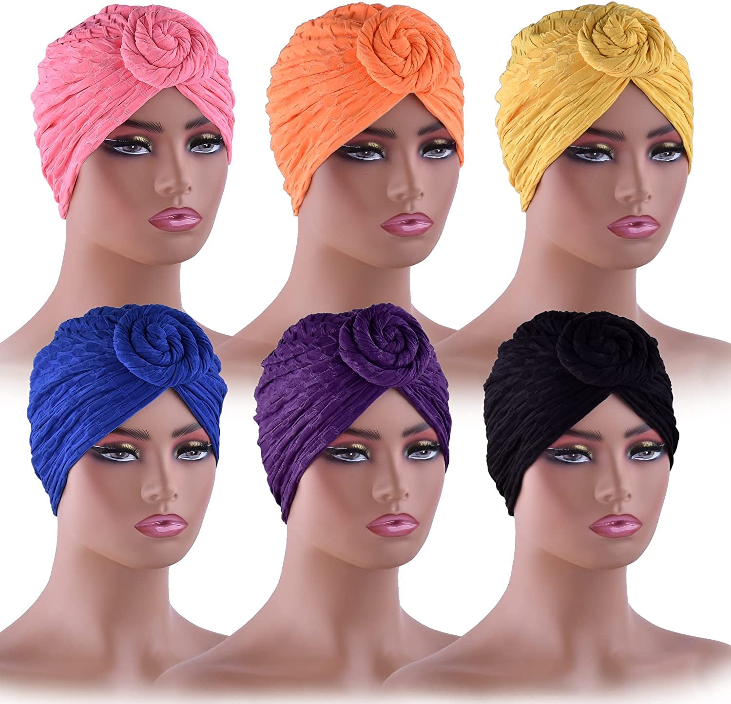 WKJHO 6 Pieces Women Turban Hat African Flower Knot Pre-Tied Bonnet Beanie Cap Headwrap for Girls Apparel & Accessories > Clothing Accessories > Headwear Generic   