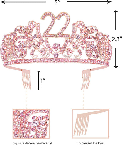 Verymerrymakering 22Th Birthday Sash and Tiara for Girls - Fabulous Set: Glitter Sash + Flowers Rhinestone Pink Premium Metal Tiara for Girls, 22Th Birthday Gifts for 22Th Birthday Party Apparel & Accessories > Clothing Accessories > Sashes VeryMerryMakering   