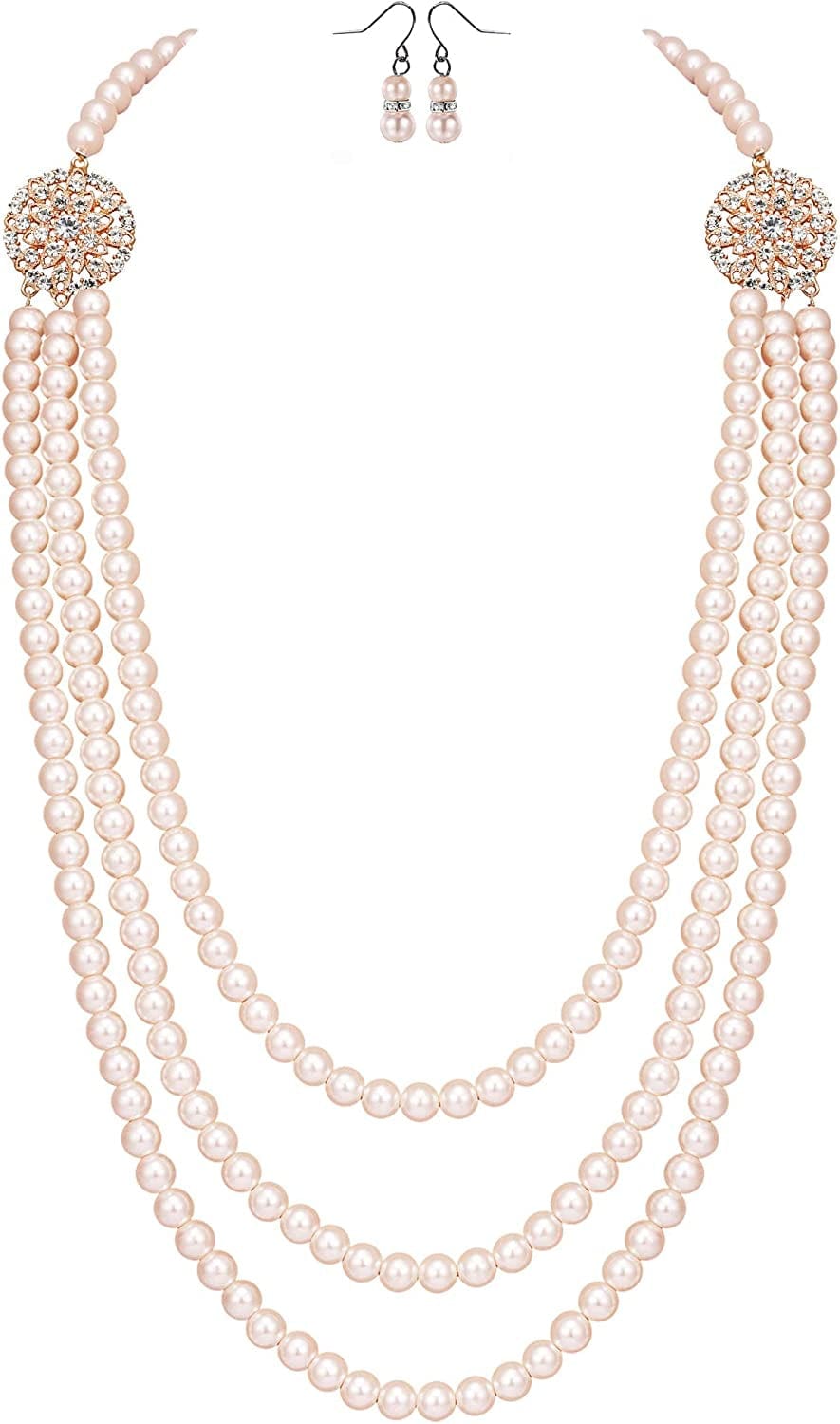 BABEYOND 1920S Gatsby Pearl Necklace Vintage Bridal Pearl Necklace Earrings Jewelry Set Multilayer Imitation Pearl Necklace with Brooch Style2-Rose Gold