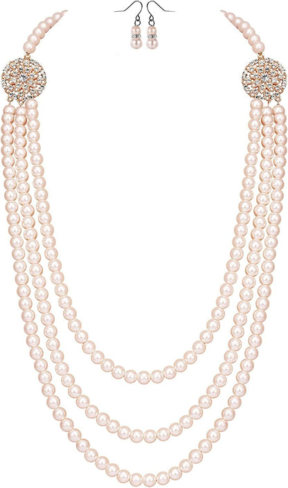 BABEYOND 1920S Gatsby Pearl Necklace Vintage Bridal Pearl Necklace Earrings Jewelry Set Multilayer Imitation Pearl Necklace with Brooch Style2-Rose Gold