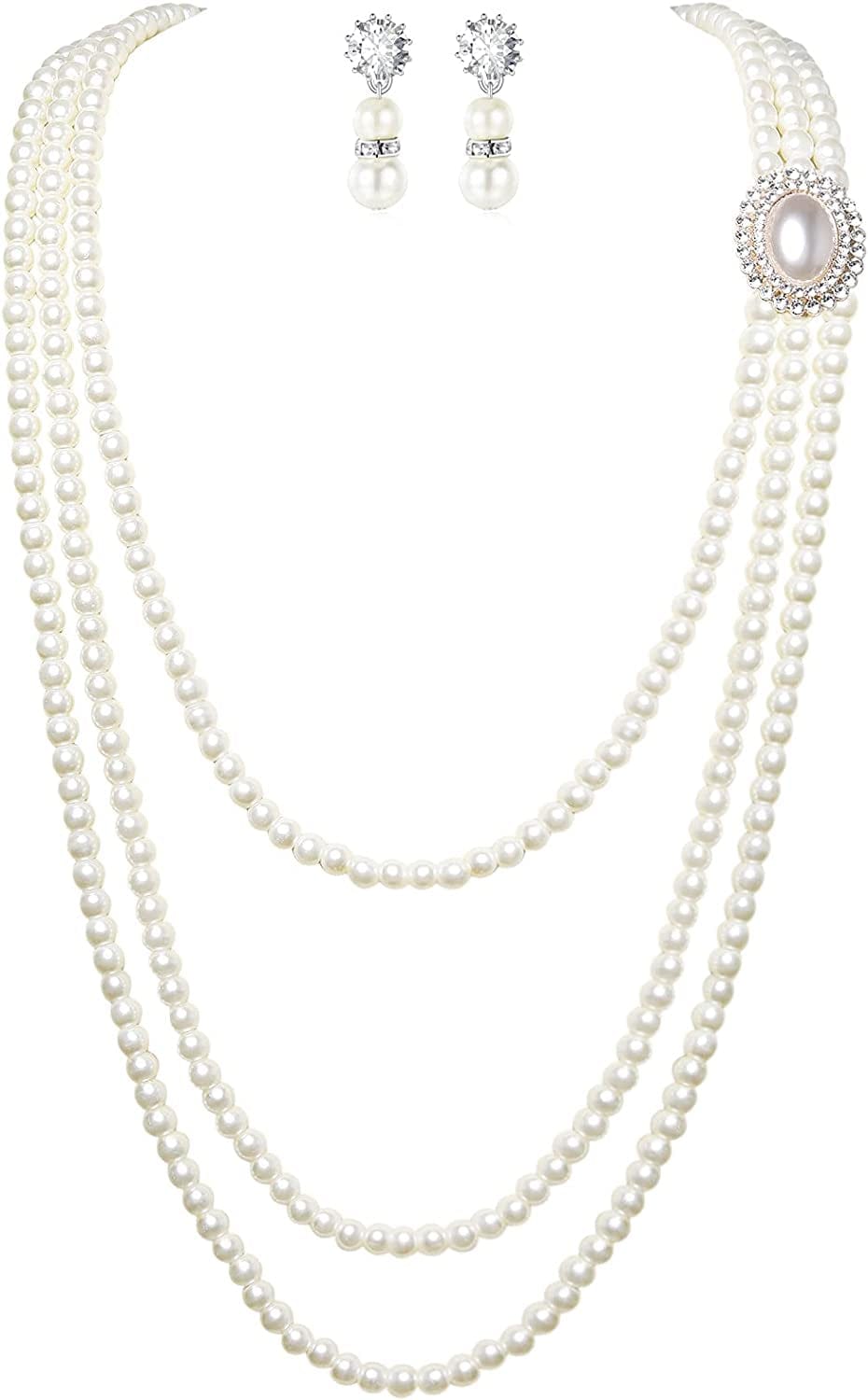 BABEYOND 1920S Gatsby Pearl Necklace Vintage Bridal Pearl Necklace Earrings Jewelry Set Multilayer Imitation Pearl Necklace with Brooch Style 3-White