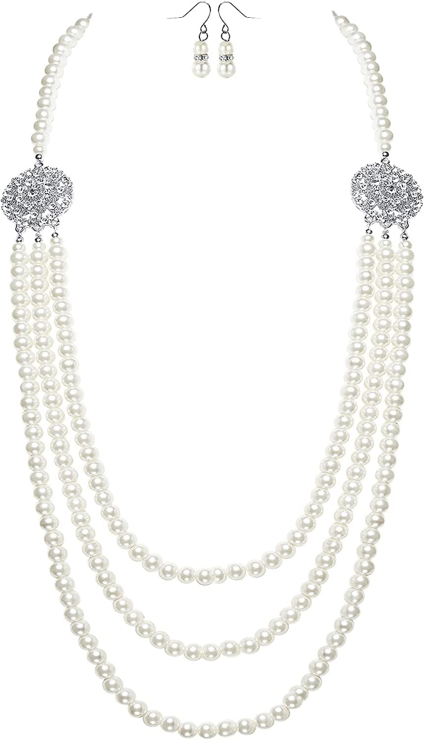 BABEYOND 1920S Gatsby Pearl Necklace Vintage Bridal Pearl Necklace Earrings Jewelry Set Multilayer Imitation Pearl Necklace with Brooch Style2-White