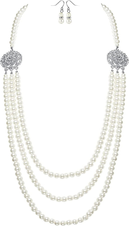 BABEYOND 1920S Gatsby Pearl Necklace Vintage Bridal Pearl Necklace Earrings Jewelry Set Multilayer Imitation Pearl Necklace with Brooch Style2-White