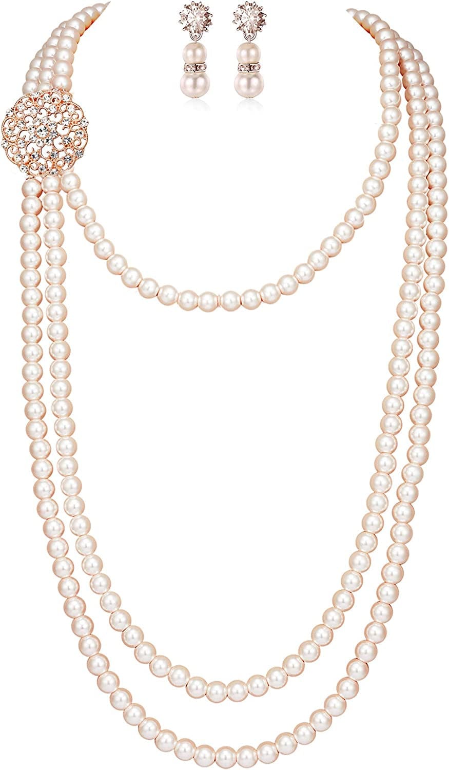 BABEYOND 1920S Gatsby Pearl Necklace Vintage Bridal Pearl Necklace Earrings Jewelry Set Multilayer Imitation Pearl Necklace with Brooch Style 1-Rose Gold
