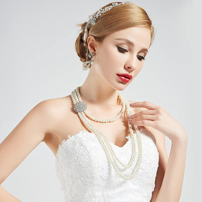 BABEYOND 1920S Gatsby Pearl Necklace Vintage Bridal Pearl Necklace Earrings Jewelry Set Multilayer Imitation Pearl Necklace with Brooch
